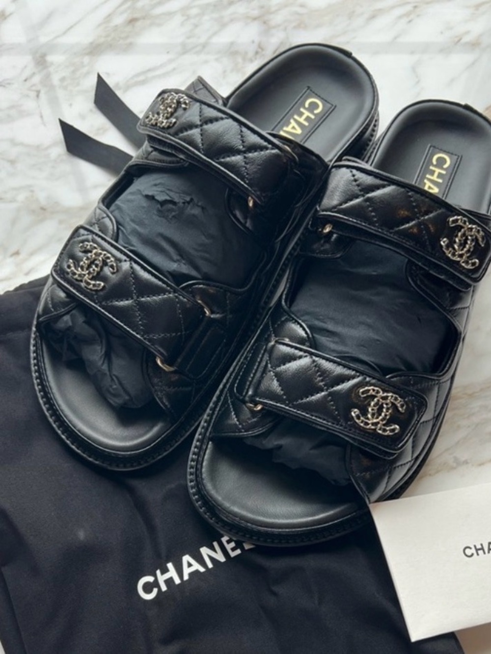 CHANEL Black Quilted Leather Double-Strap Slide Sandals with CC Hardware